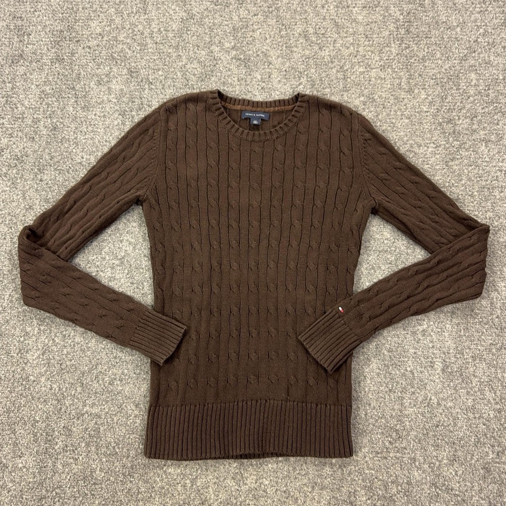 Tommy Hilfiger Sweater Womens Small‎ Brown Cable Knit Crewneck Pullover Logo